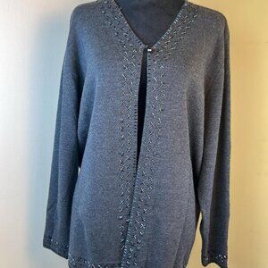 Valerie Stevens Beaded Open Front Gray 2XL Cardigan 100% Merino!!!